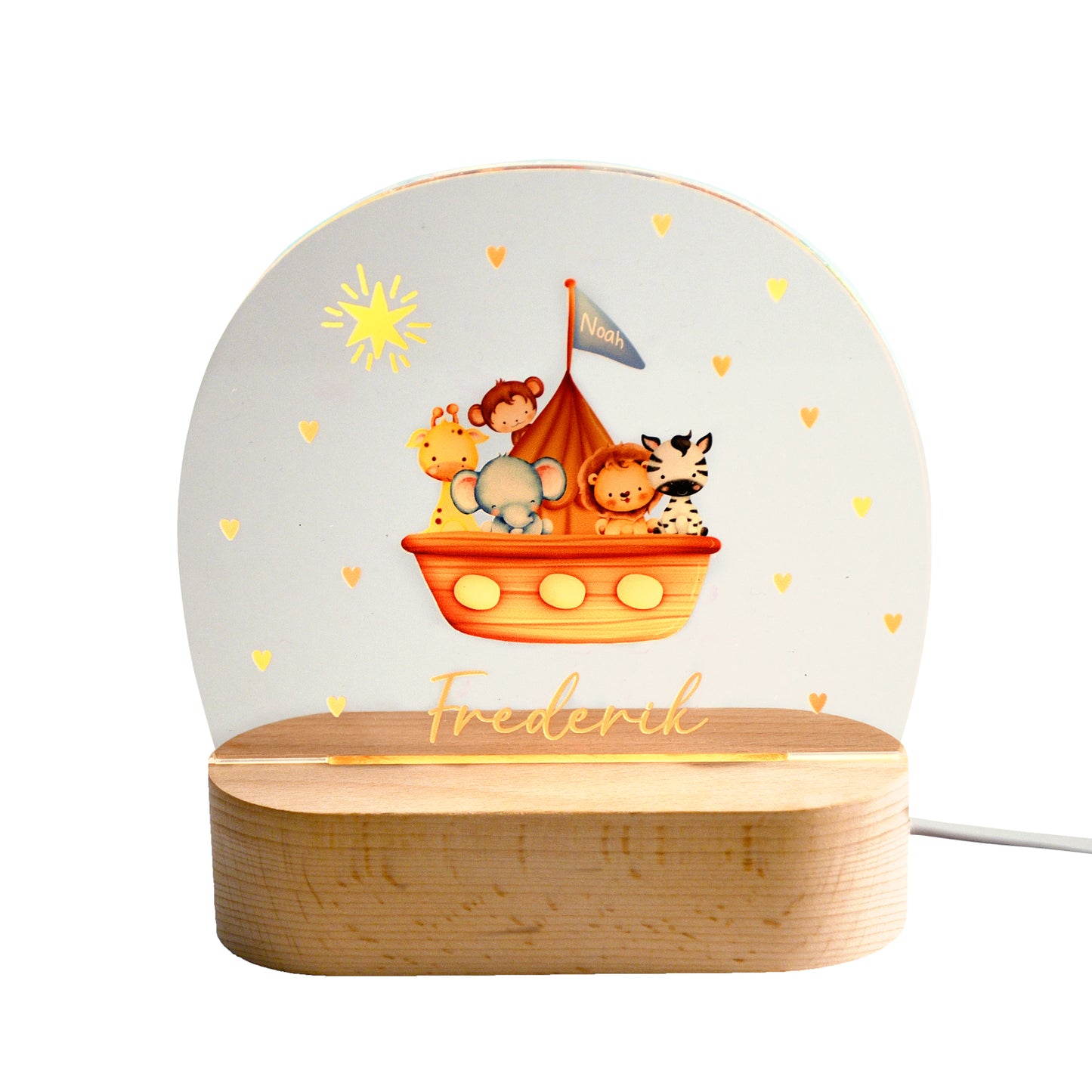 Beleuchtetes Nachtlicht mit Acrylplatte und Holzsockel aus Buche auf weißem Hintergrund, Arche-Noah-Motiv mit Tieren wie Elefant, Giraffe, Zebra, Löwe und Affe.