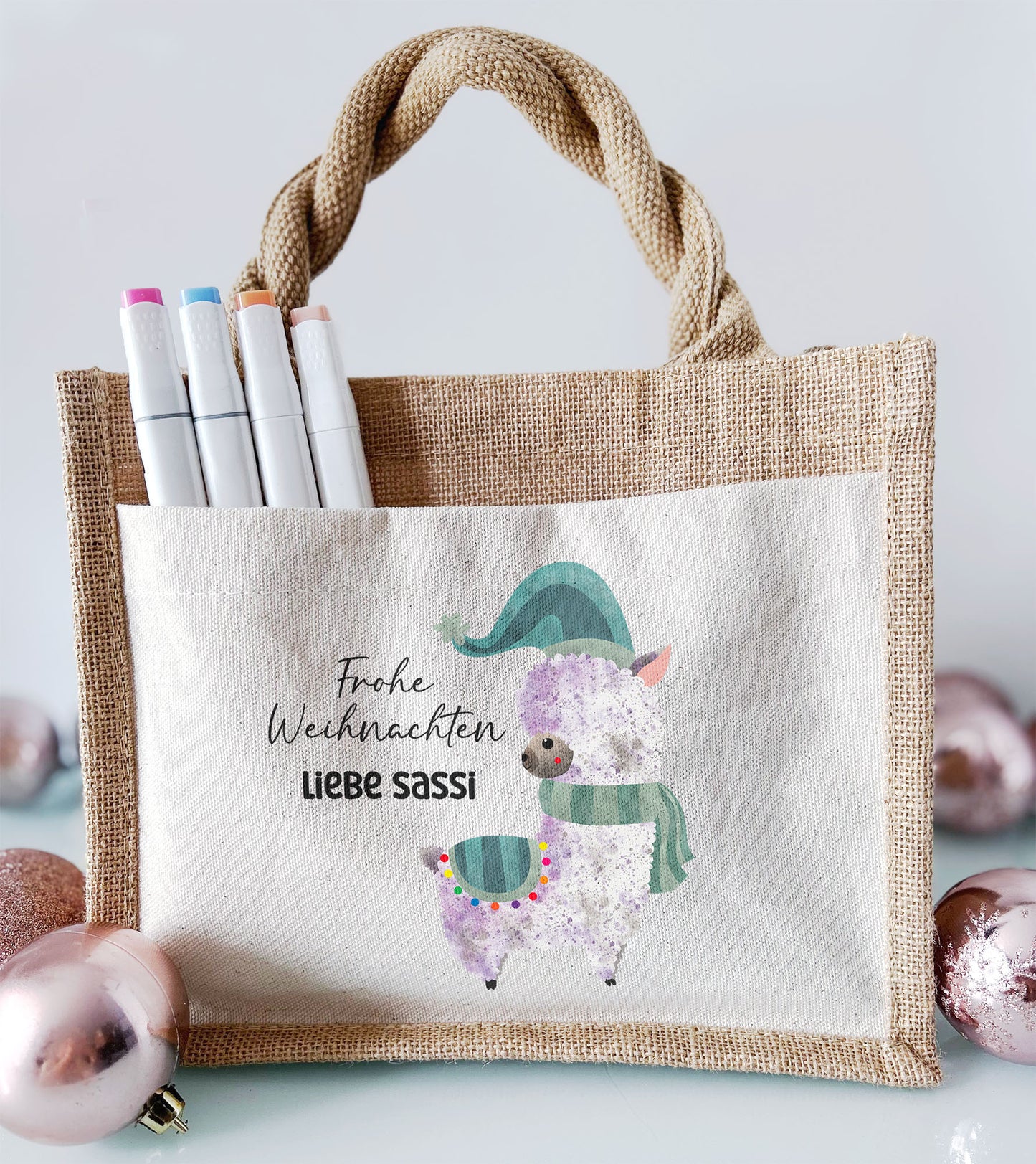 Jute Pocket Tasche mit Namen | Alpaka blau