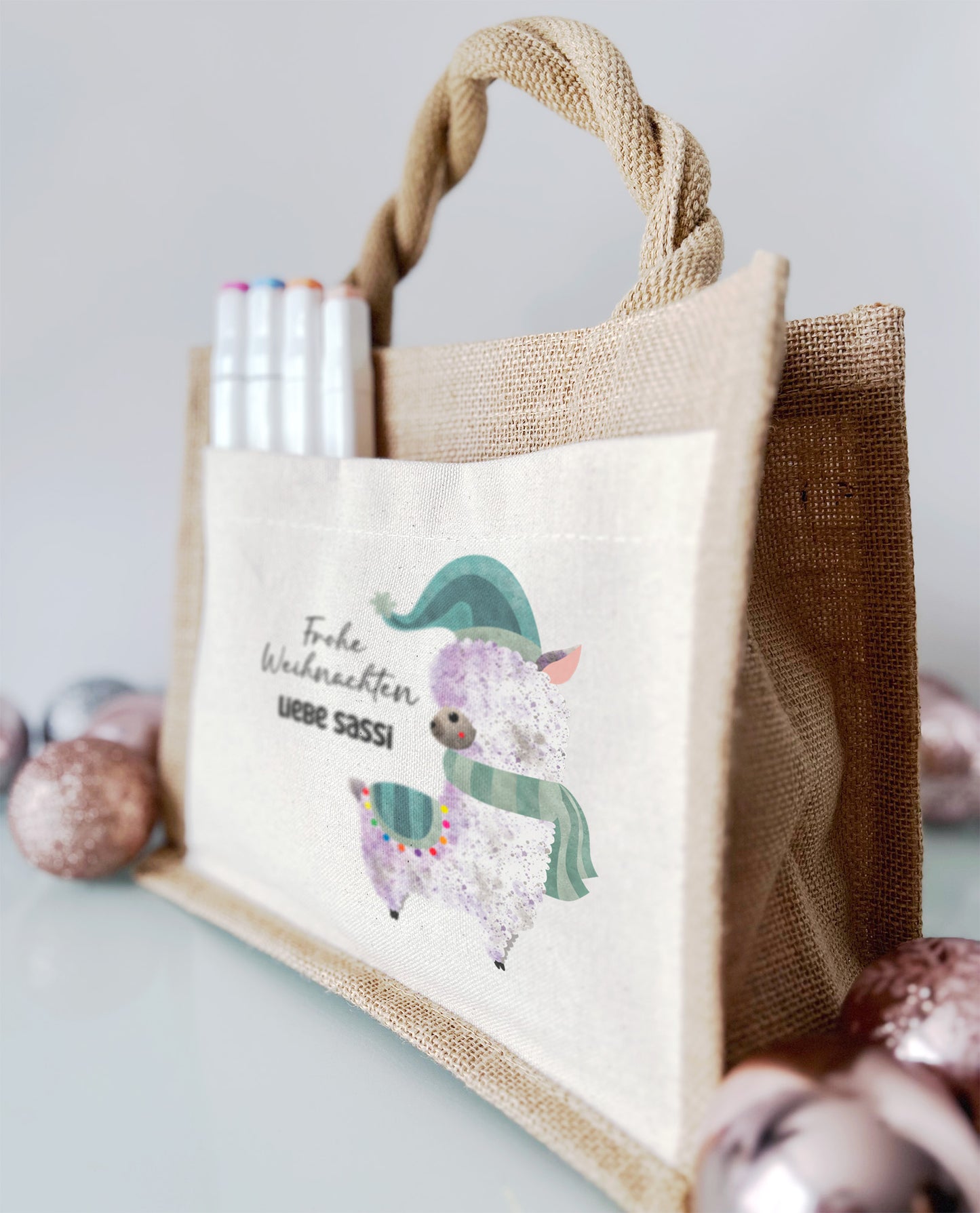 Jute Pocket Tasche mit Namen | Alpaka blau