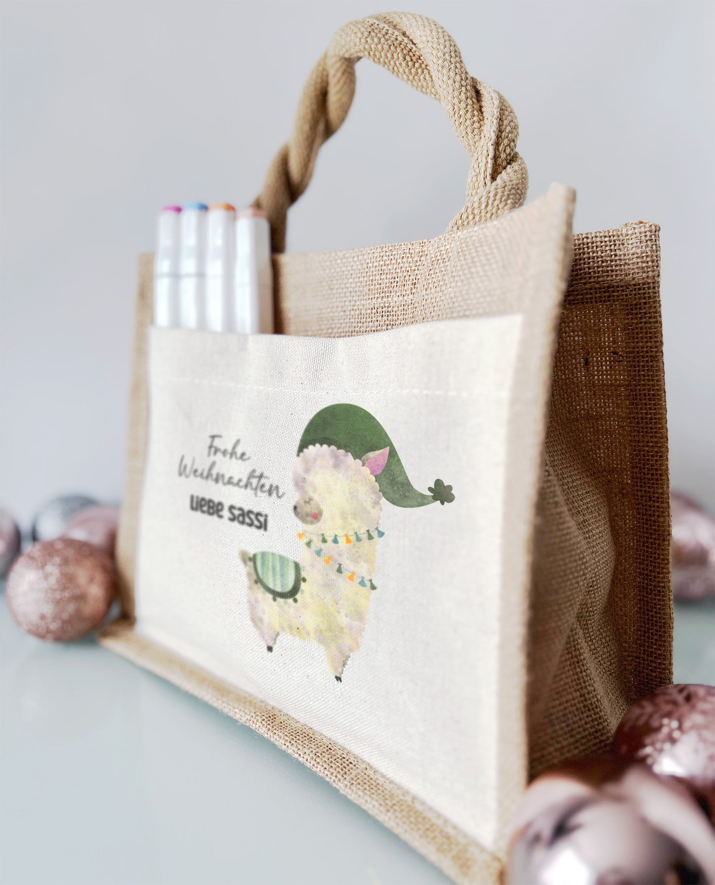 Jute Pocket Tasche mit Namen | Alpaka grün