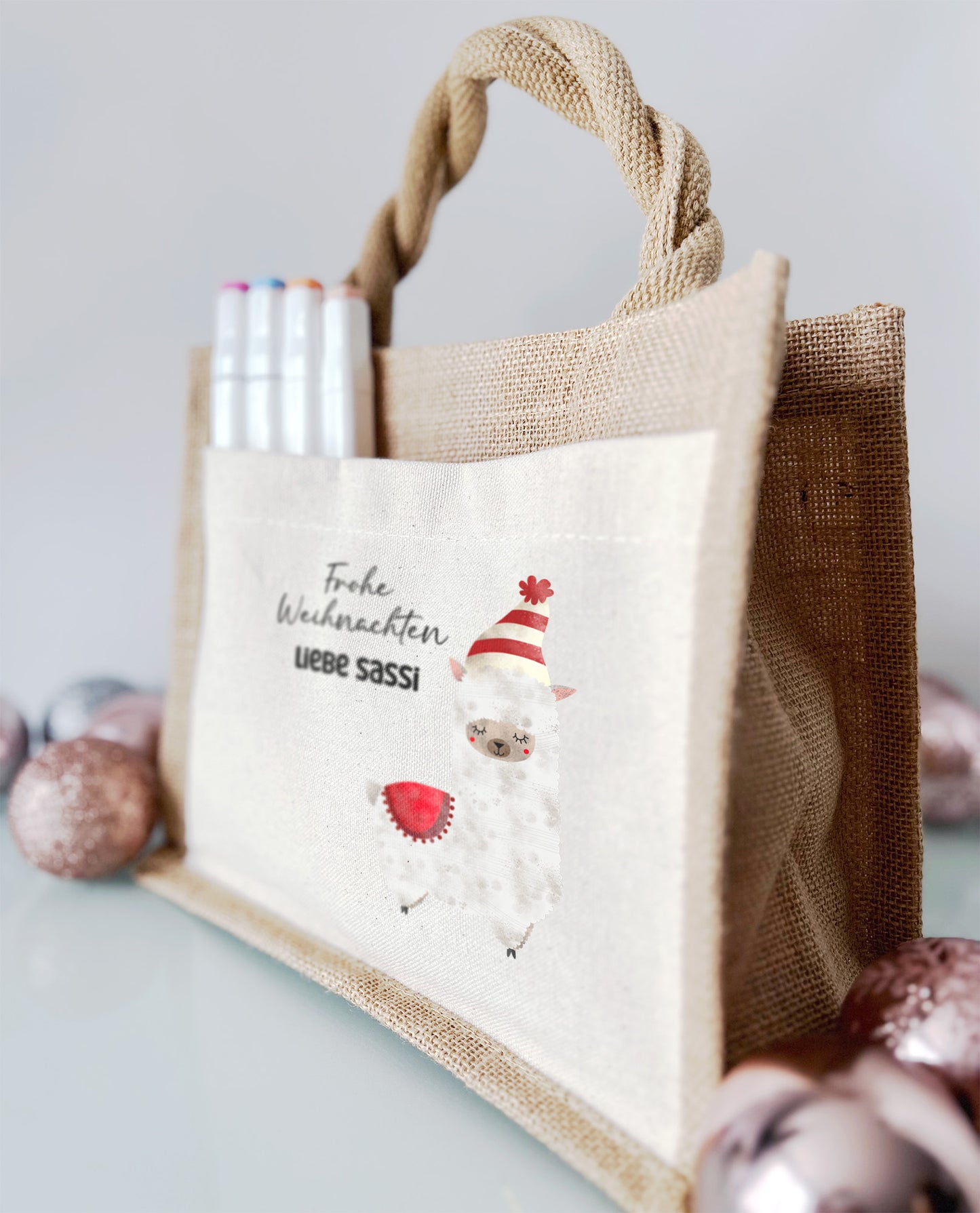 Jute Pocket Tasche mit Namen | Alpaka rot