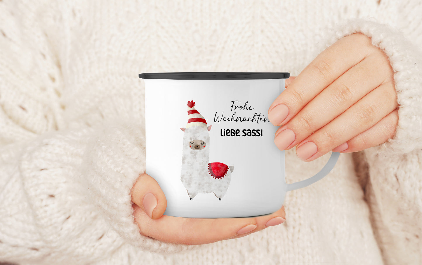 Emaille Tasse mit Name | Alpaka rot