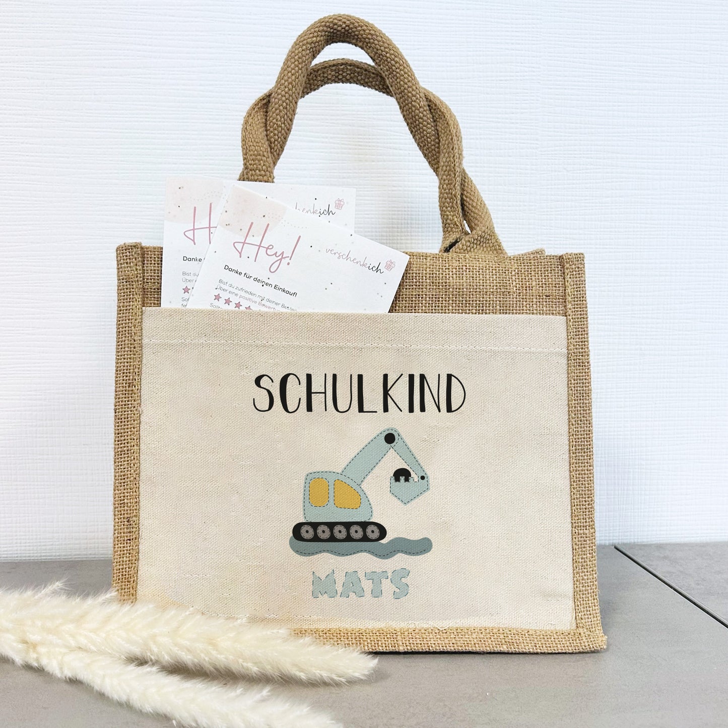 Einschulung | Personalisierte Jute Pocket Tasche | mit Wunschnamen | Schulkind Bagger blau | als Geschenktasche für Schulanfang