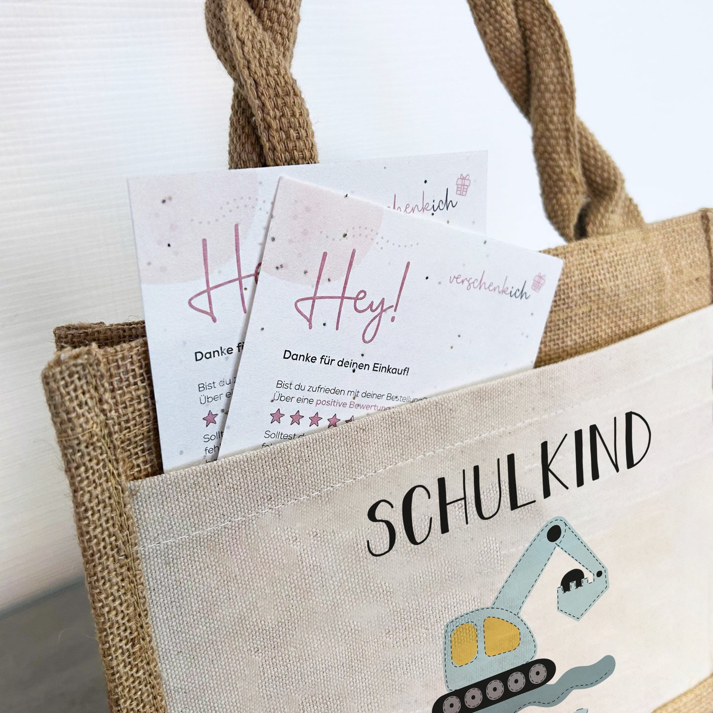 Einschulung | Personalisierte Jute Pocket Tasche | mit Wunschnamen | Schulkind Bagger blau | als Geschenktasche für Schulanfang