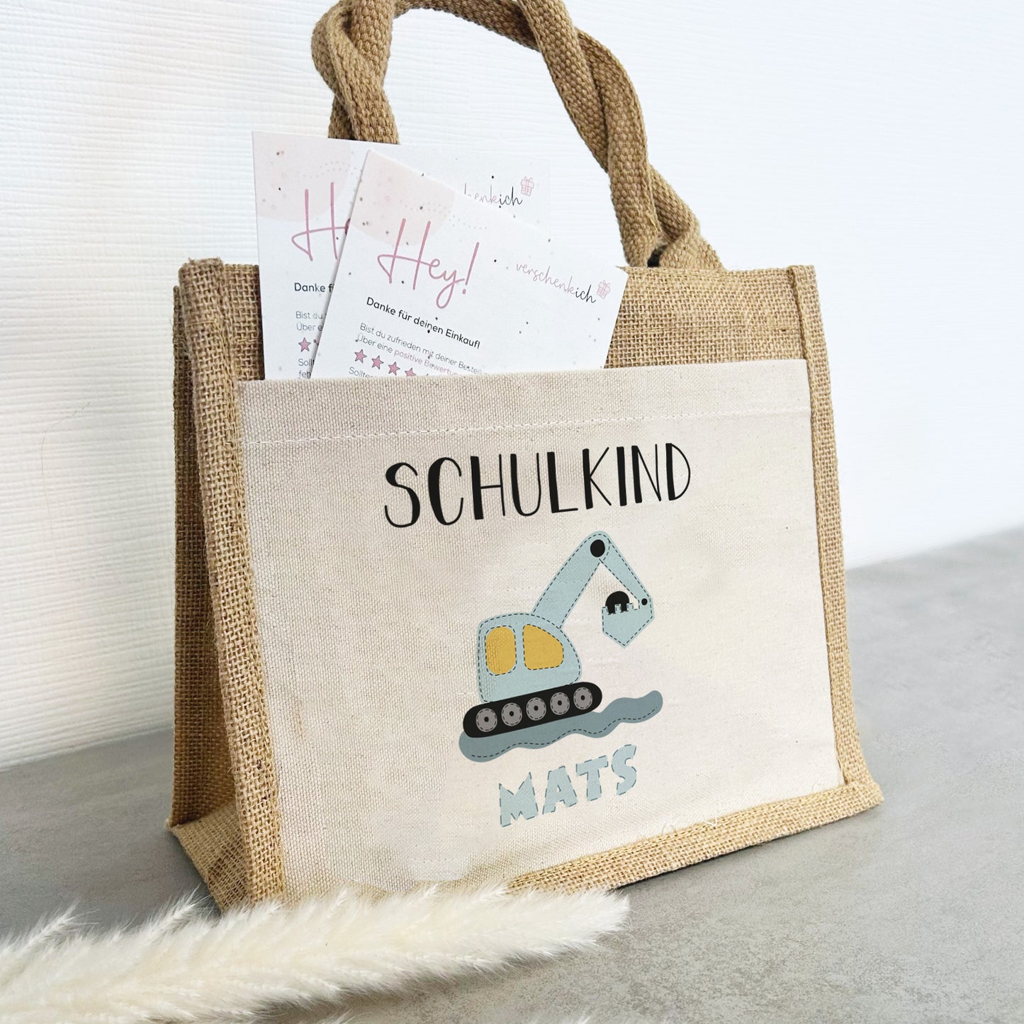 Einschulung | Personalisierte Jute Pocket Tasche | mit Wunschnamen | Schulkind Bagger blau | als Geschenktasche für Schulanfang