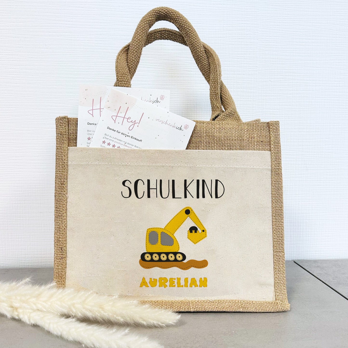 Einschulung | Personalisierte Jute Pocket Tasche | mit Wunschnamen | Schulkind Bagger gelb | als Geschenktasche für Schulanfang
