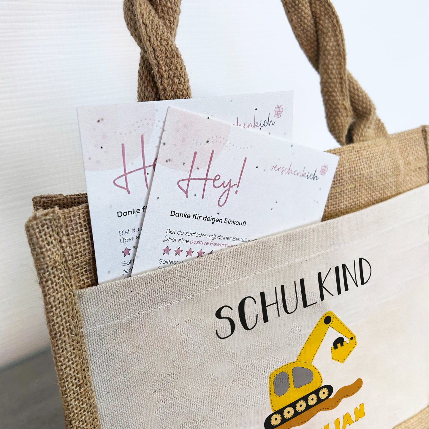 Einschulung | Personalisierte Jute Pocket Tasche | mit Wunschnamen | Schulkind Bagger gelb | als Geschenktasche für Schulanfang