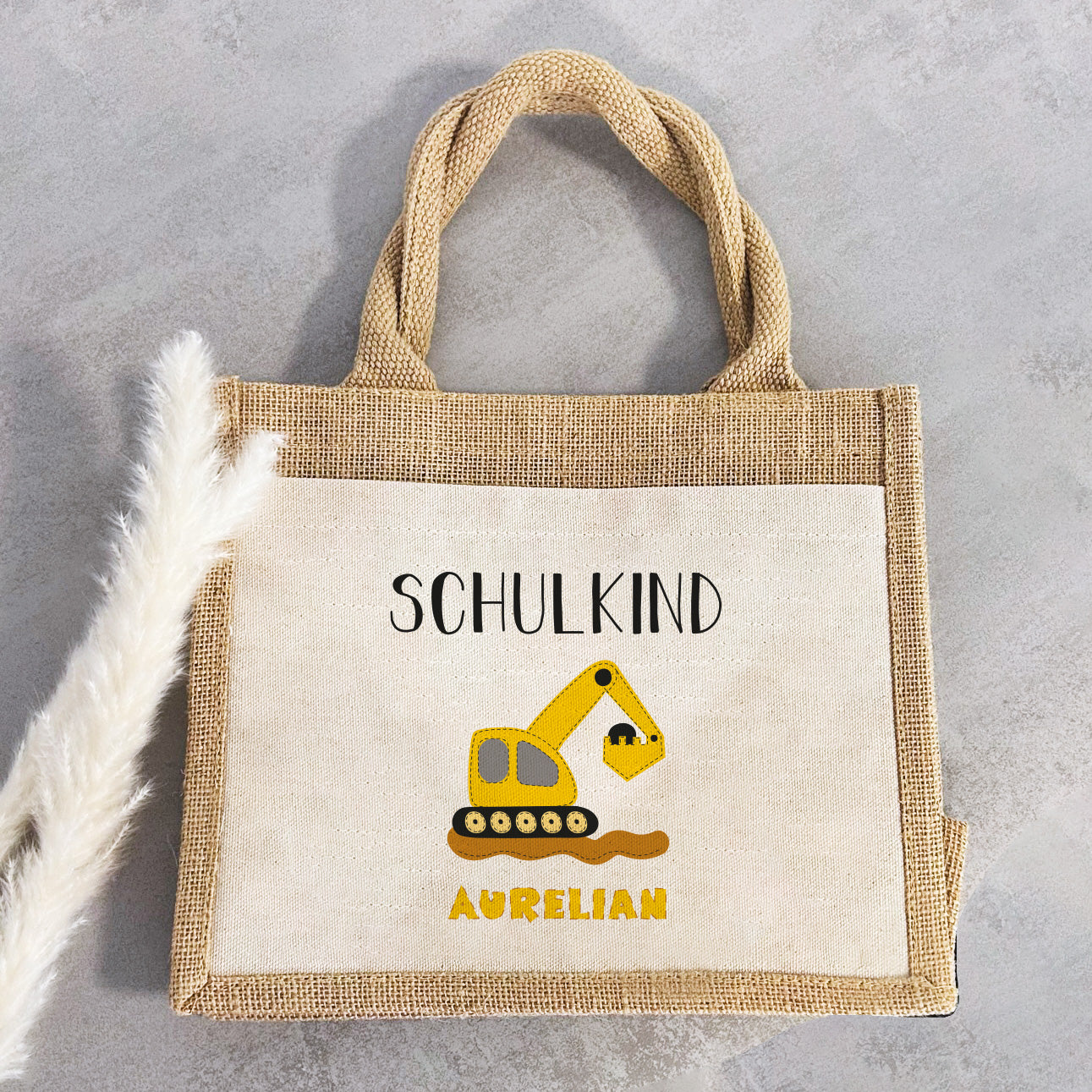 Einschulung | Personalisierte Jute Pocket Tasche | mit Wunschnamen | Schulkind Bagger gelb | als Geschenktasche für Schulanfang
