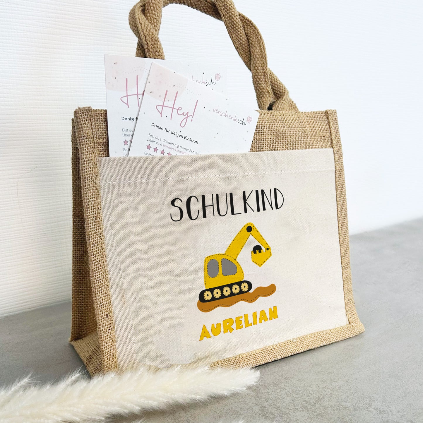 Einschulung | Personalisierte Jute Pocket Tasche | mit Wunschnamen | Schulkind Bagger gelb | als Geschenktasche für Schulanfang