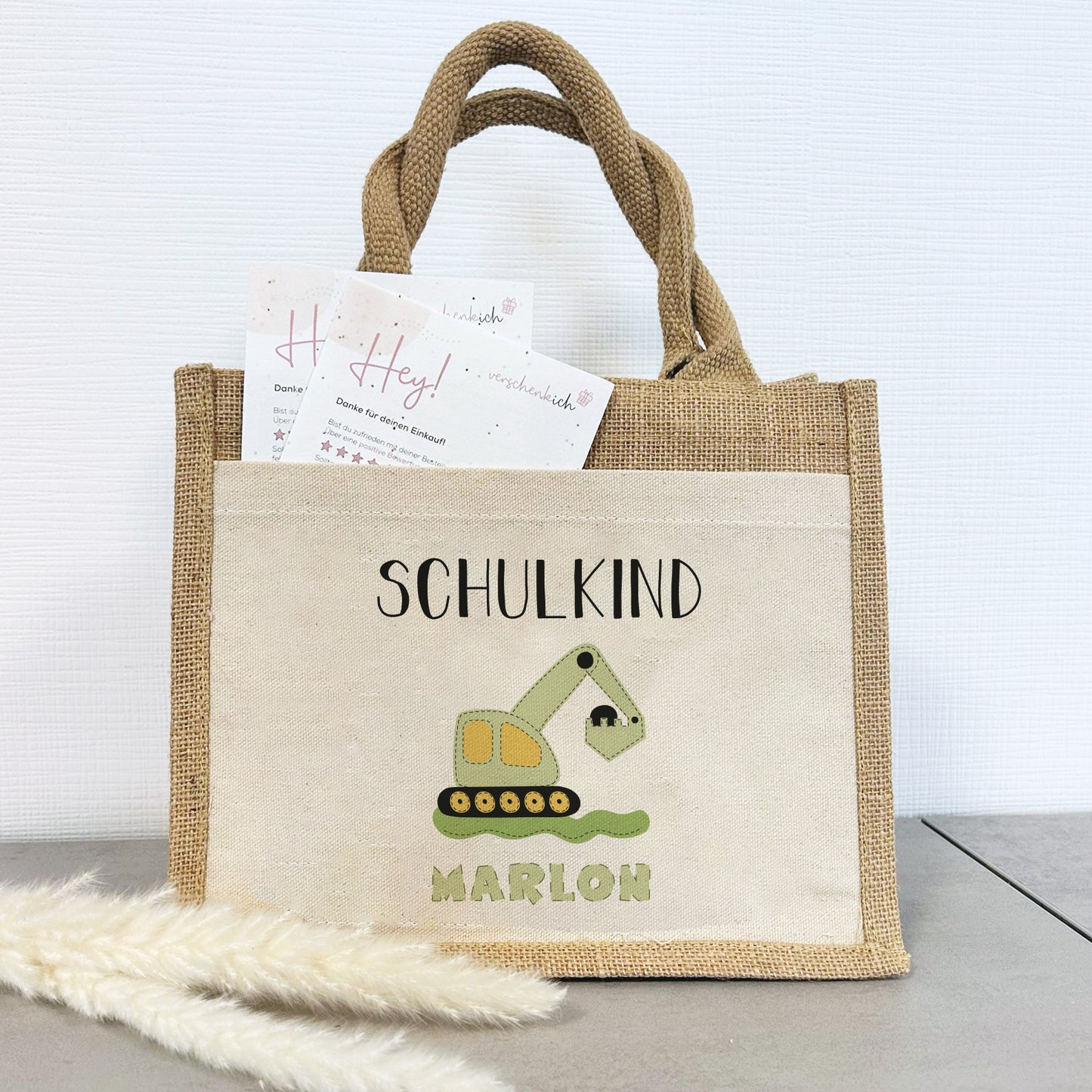 Einschulung | Personalisierte Jute Pocket Tasche | mit Wunschnamen | Schulkind Bagger grün | als Geschenktasche für Schulanfang