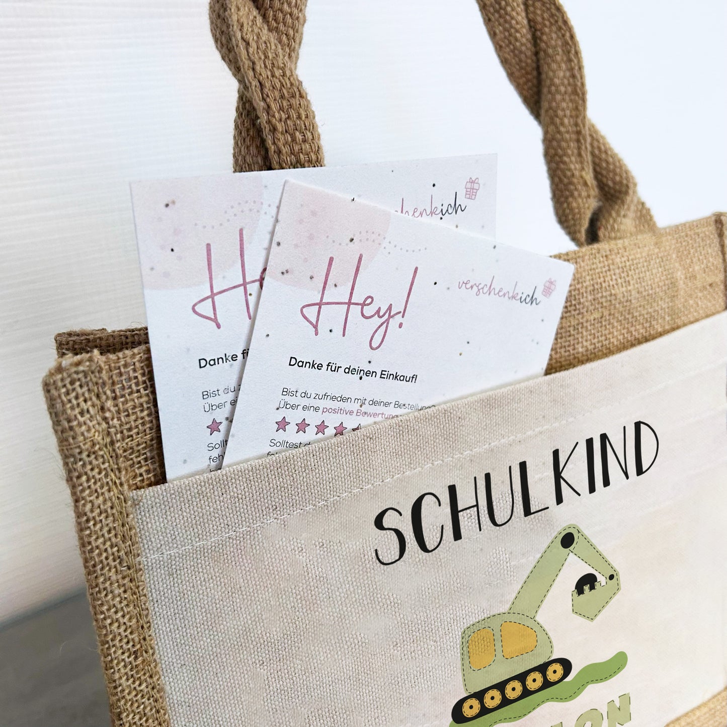 Einschulung | Personalisierte Jute Pocket Tasche | mit Wunschnamen | Schulkind Bagger grün | als Geschenktasche für Schulanfang