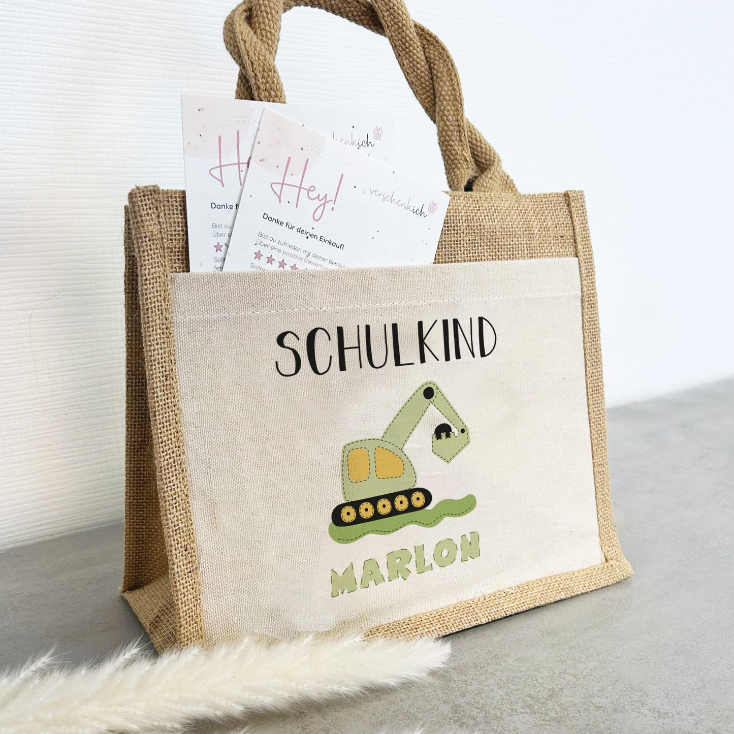 Einschulung | Personalisierte Jute Pocket Tasche | mit Wunschnamen | Schulkind Bagger grün | als Geschenktasche für Schulanfang