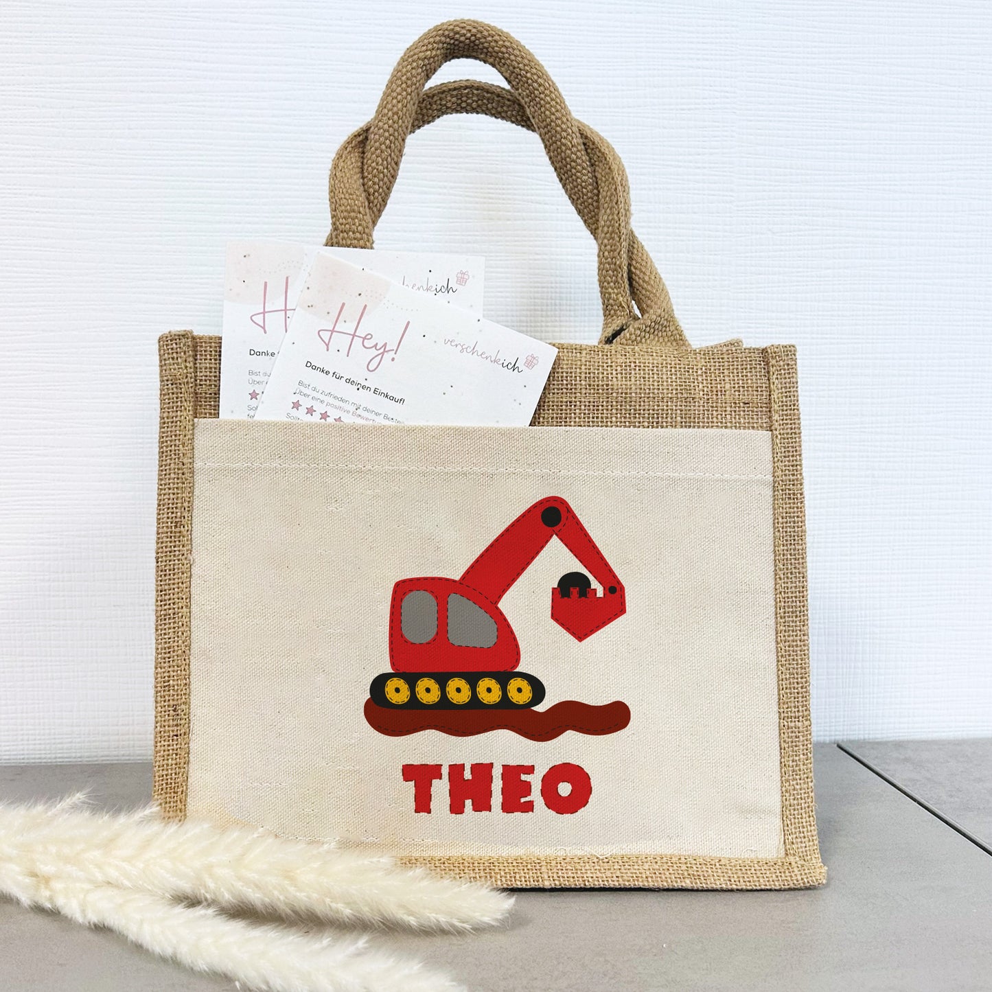 Personalisierte Jute Pocket Tasche | mit Wunschnamen | Bagger rot | Fahrzeuge | persönliches Geschenk für Kinder | auch als Geschenktasche