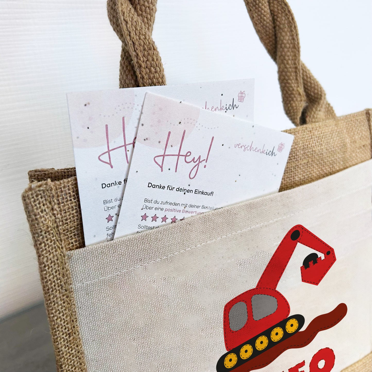 Personalisierte Jute Pocket Tasche | mit Wunschnamen | Bagger rot | Fahrzeuge | persönliches Geschenk für Kinder | auch als Geschenktasche
