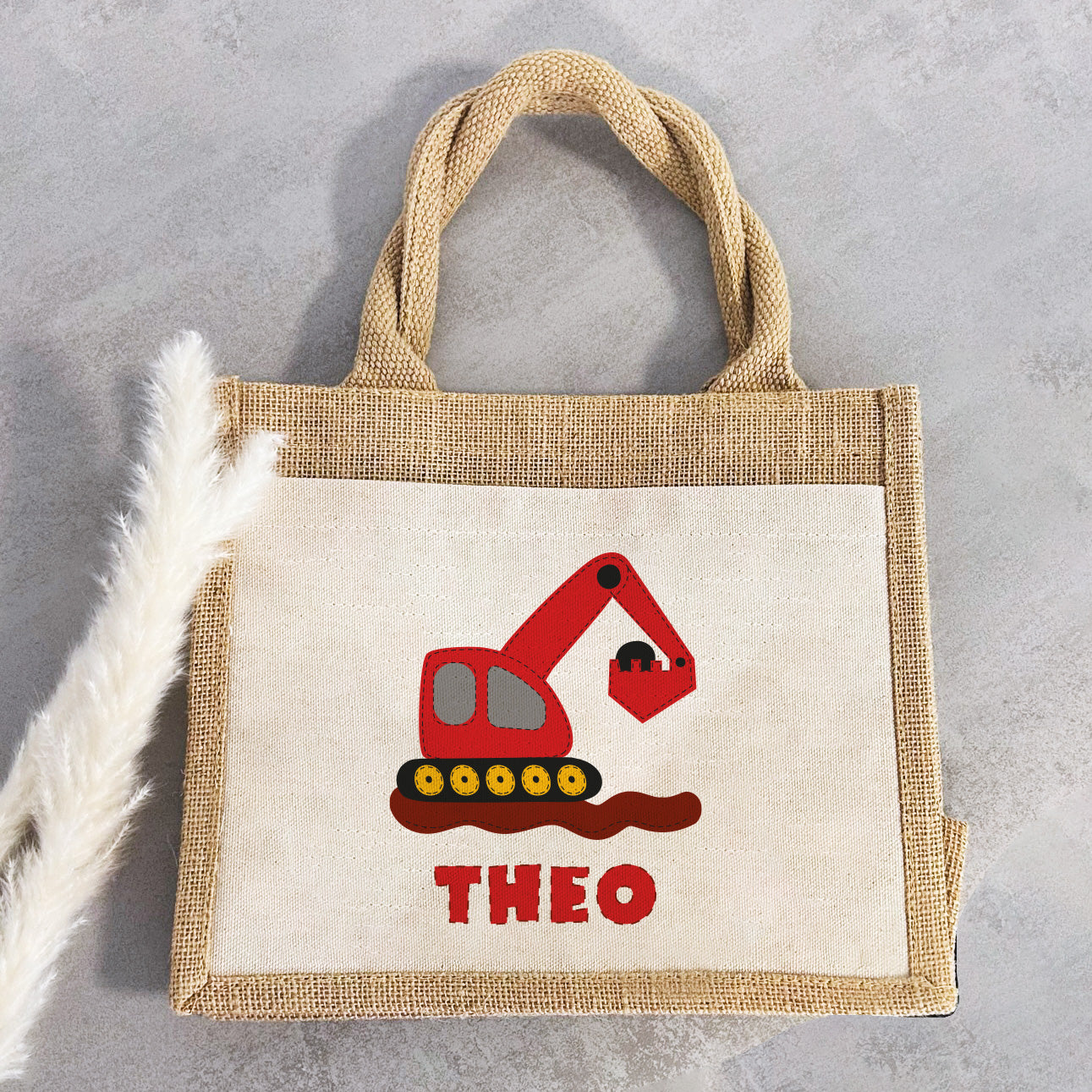Personalisierte Jute Pocket Tasche | mit Wunschnamen | Bagger rot | Fahrzeuge | persönliches Geschenk für Kinder | auch als Geschenktasche