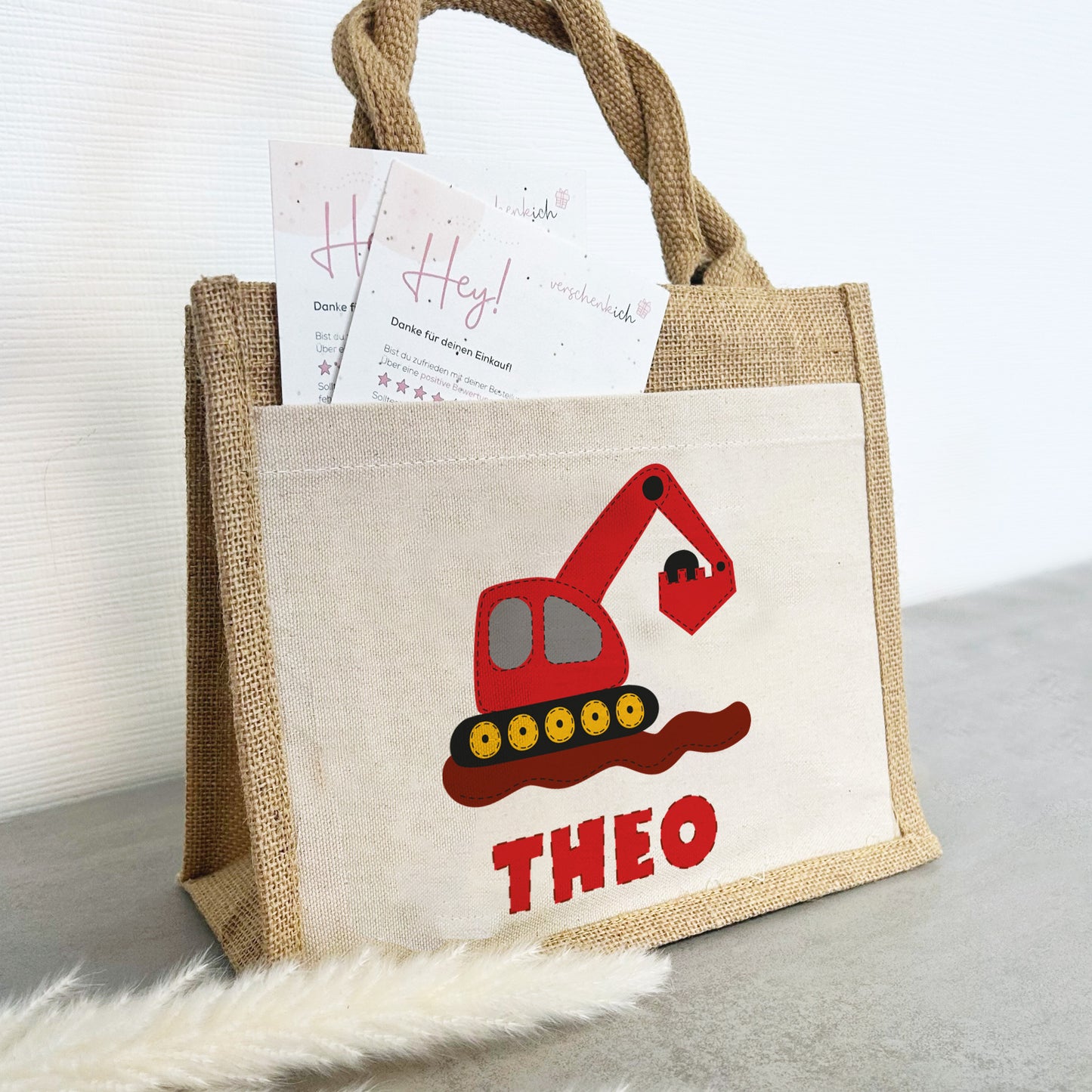 Personalisierte Jute Pocket Tasche | mit Wunschnamen | Bagger rot | Fahrzeuge | persönliches Geschenk für Kinder | auch als Geschenktasche