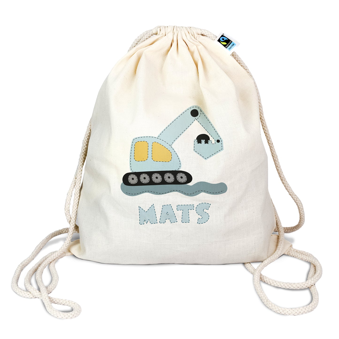 Personalisierter Turnbeutel aus Bio- Baumwolle | mit Wunschnamen | Bagger blau | Rucksack für Schule und Kindergarten - verschenkich.de