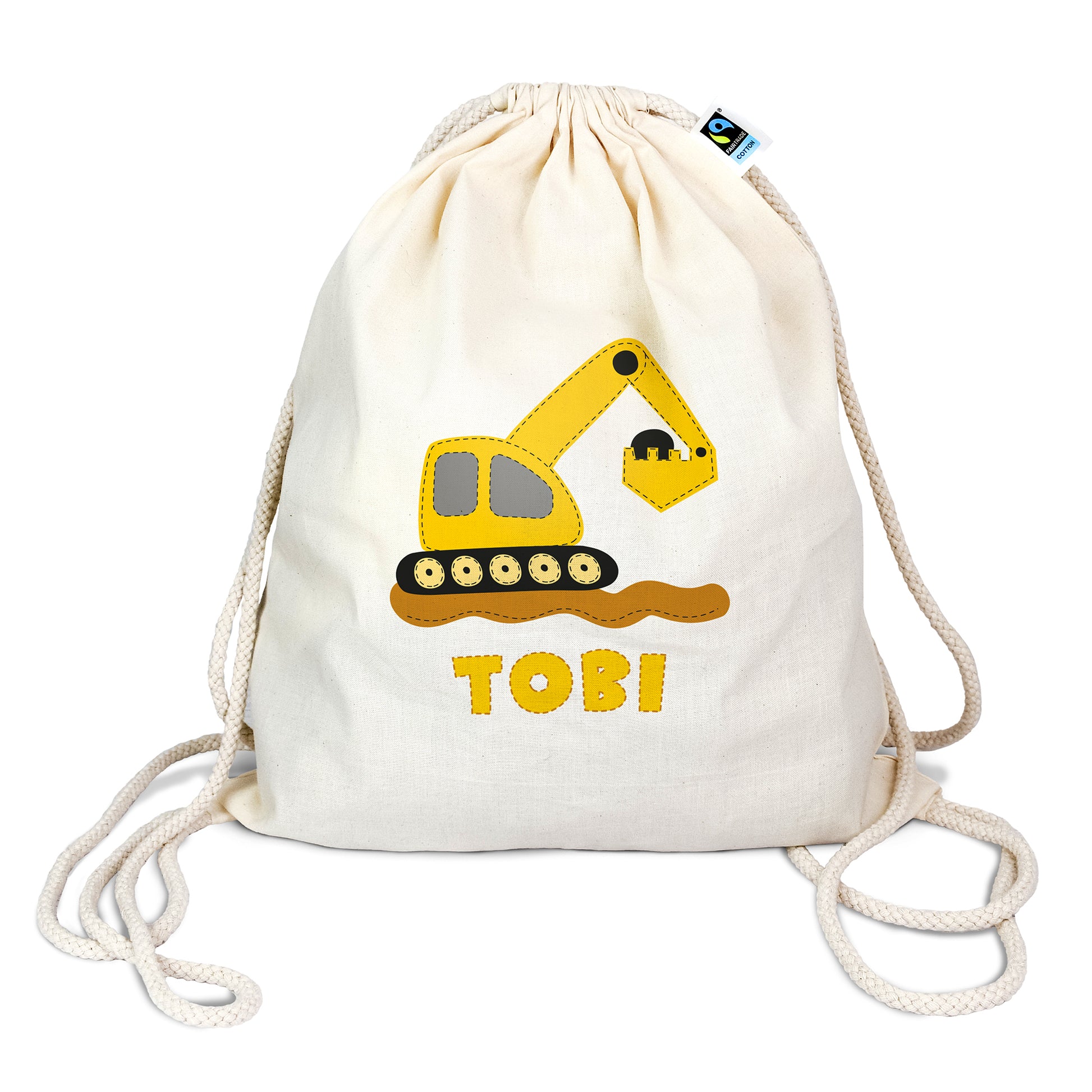 Personalisierter Turnbeutel aus Bio- Baumwolle | mit Wunschnamen | Bagger gelb | Rucksack für Schule und Kindergarten - verschenkich.de