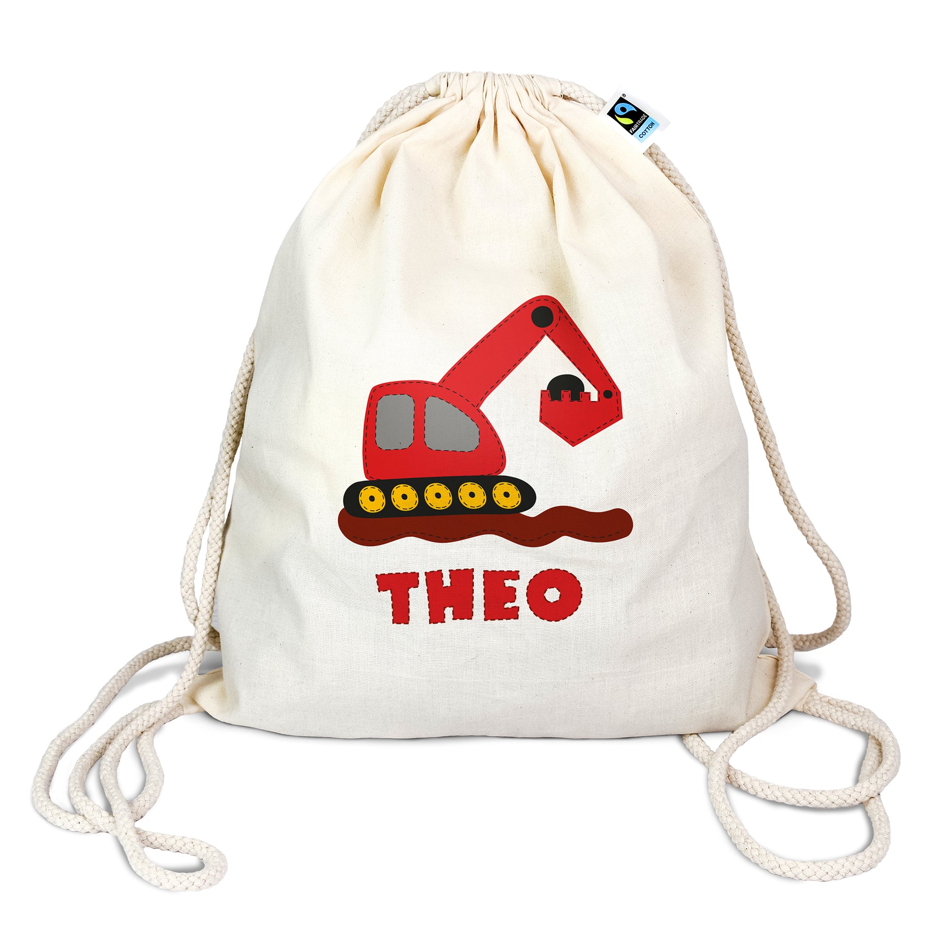 Personalisierter Turnbeutel aus Bio- Baumwolle | mit Wunschnamen | Bagger rot | Rucksack für Schule und Kindergarten - verschenkich.de