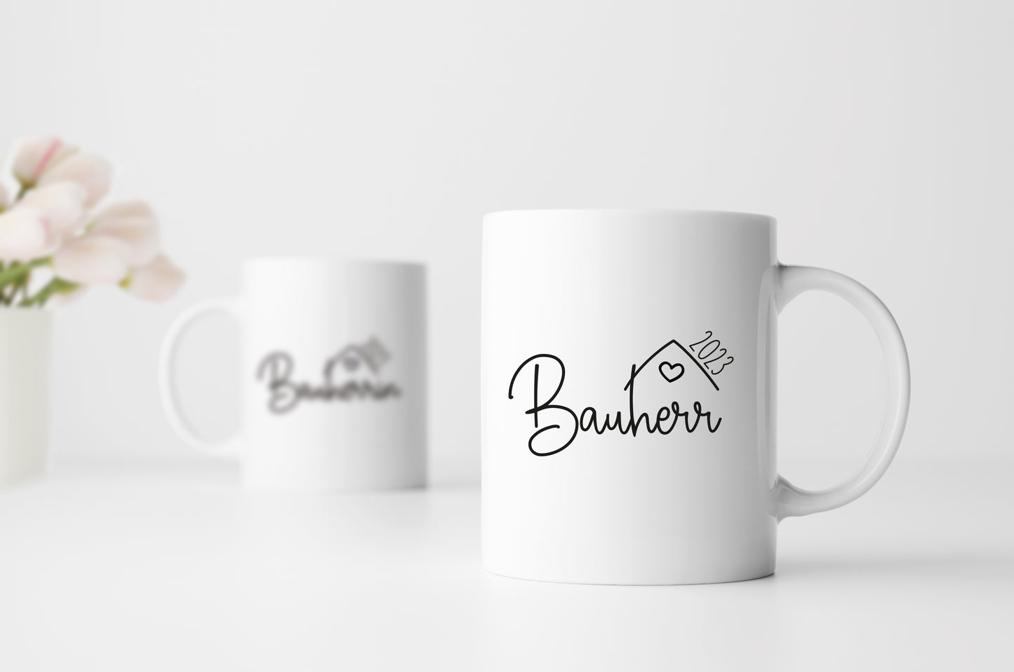 Personalisiertes Tassen Set | für den Hausbau mit Jahreszahl | Bauherr + Bauherrin 1 | Hingucker auf der Baustelle | Geschenk zum Richtfest