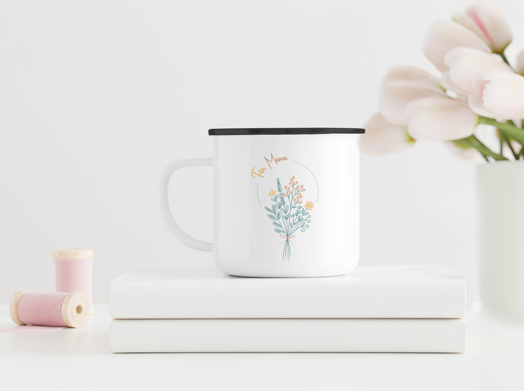 Personalisierter Emaillebecher | Emaille Tasse | Rand schwarz | mit Wunschnamen | Frühling | Blumenstrauß | beim Kaffee an Blumen erfreuen