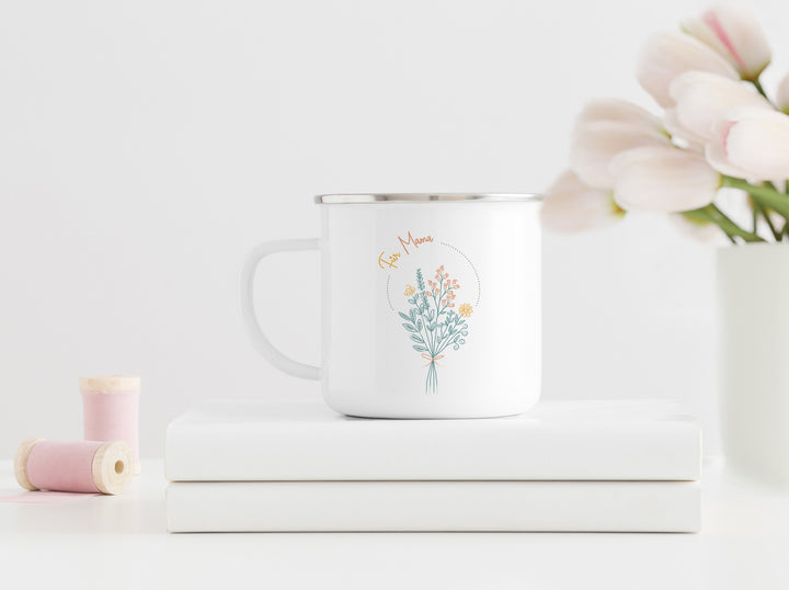 Personalisierter Emaillebecher | Emaille Tasse | Rand silber | mit Wunschnamen | Frühling | Blumenstrauß | beim Kaffee an Blumen erfreuen
