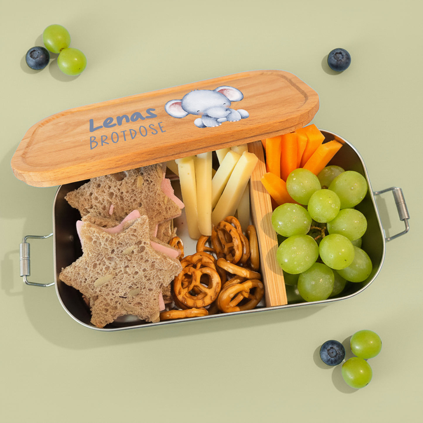Brotdose | Edelstahl mit Bambusdeckel | 700 ml | Tierkinder Elefant