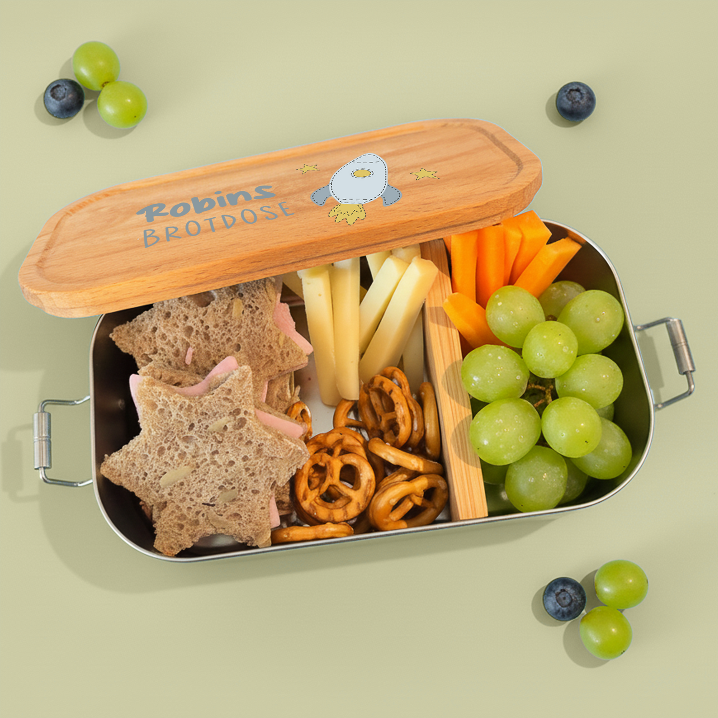 Brotdose | Edelstahl mit Bambusdeckel | 700 ml | Rakete