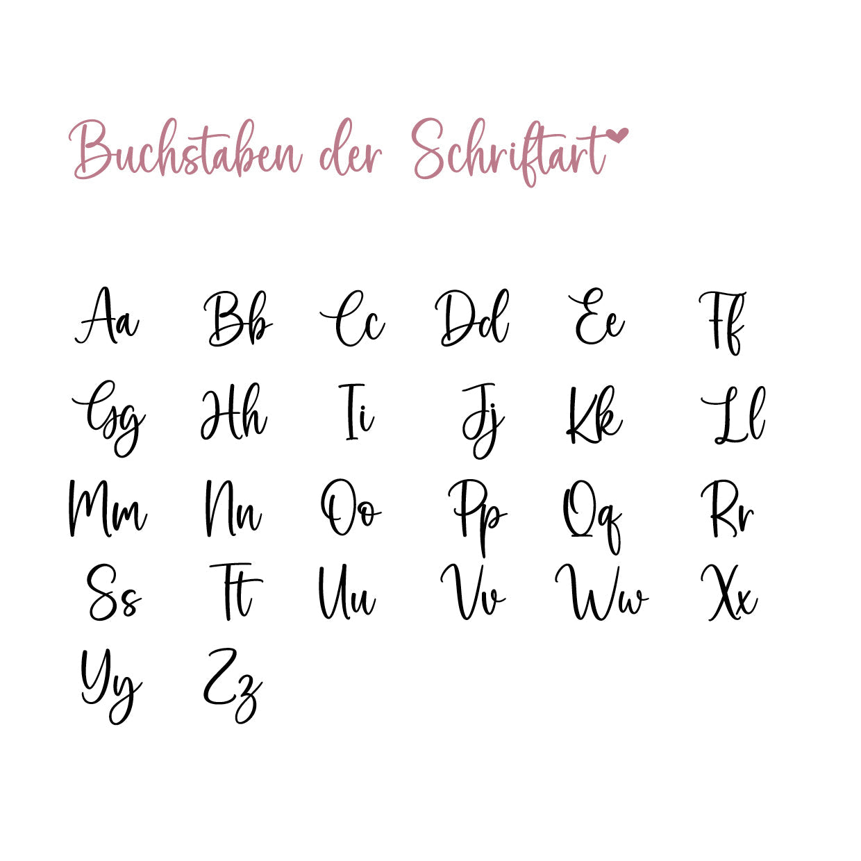 Darstellung der Schriftart für die Namenspersonalisierung mit allen Buchstaben, Umlauten und Sonderzeichen auf weißem Hintergrund