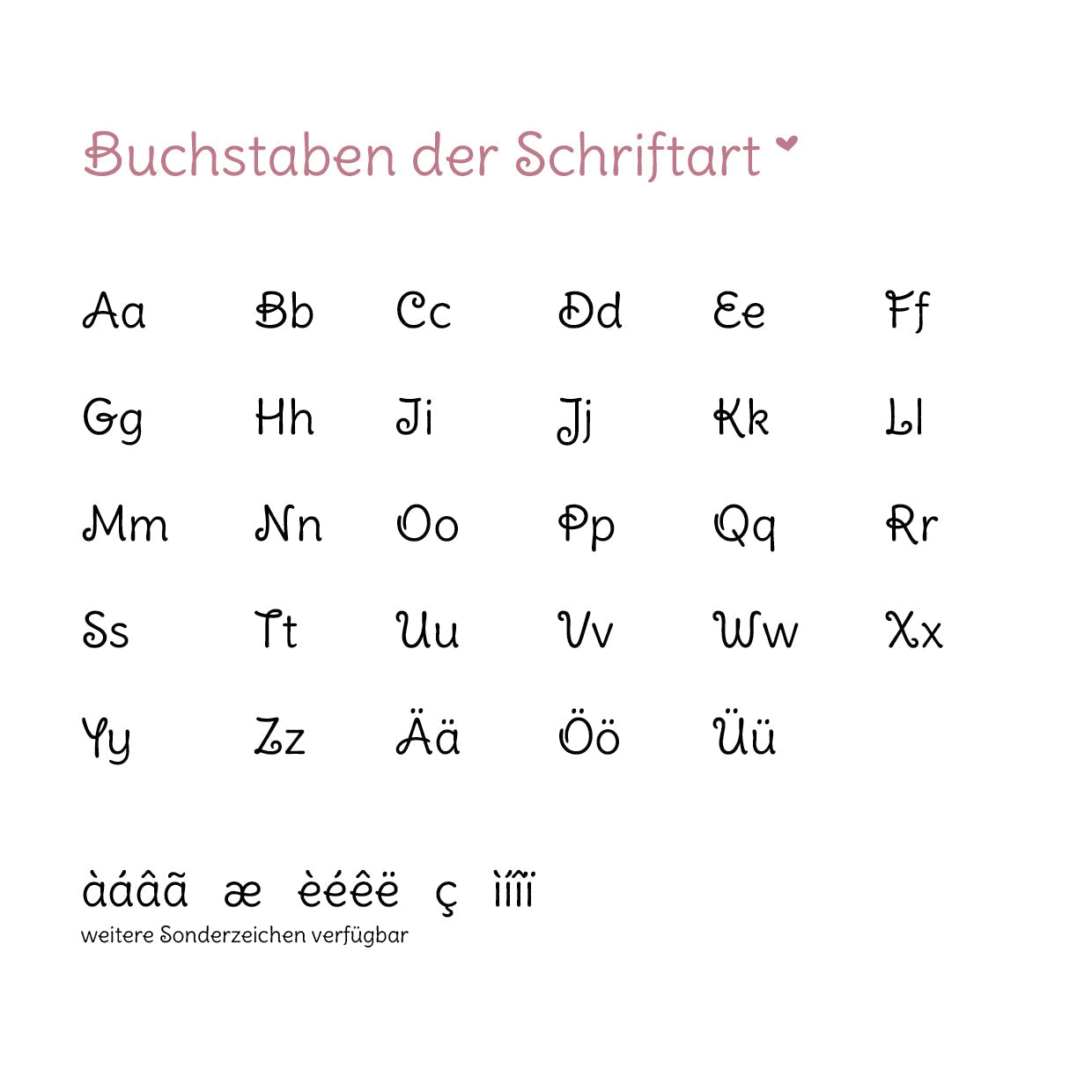 Darstellung der Schriftart für die Namenspersonalisierung mit allen Buchstaben, Umlauten und Sonderzeichen auf weißem Hintergrund