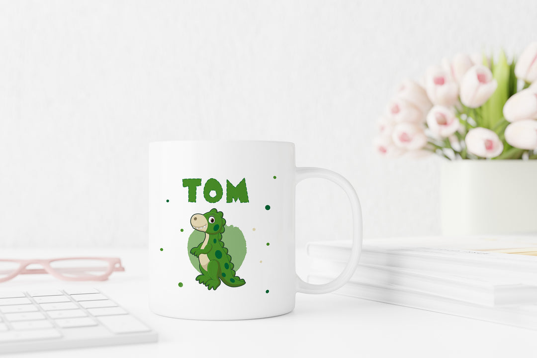 Personalisierte Tasse | mit Wunschnamen | Dino 6 | Rex | grün | weiße Tasse | besonderes Geschenk zum Geburtstag für Kinder