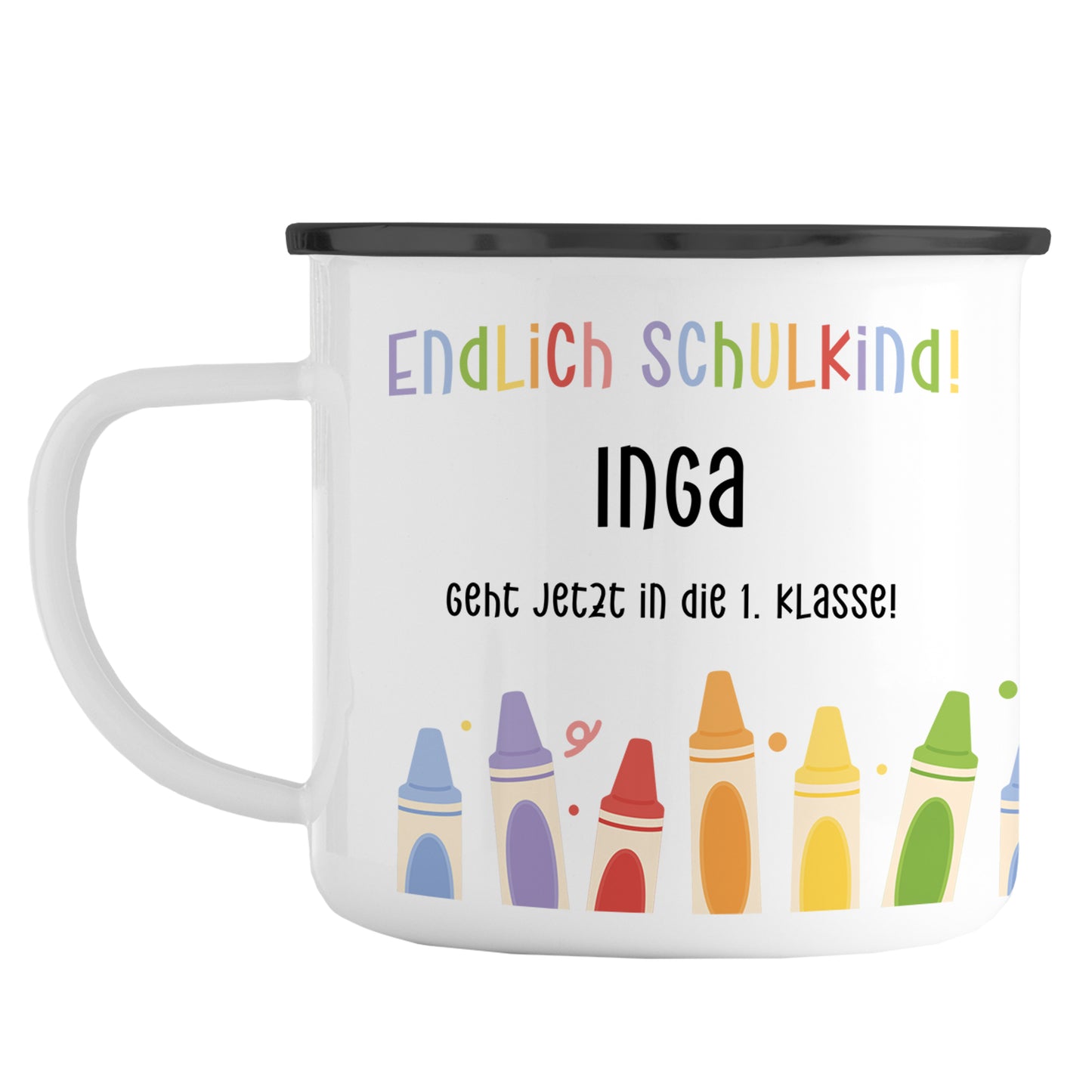 Emaille Tasse mit Namen | Endlich Schulkind | Buntstifte unten