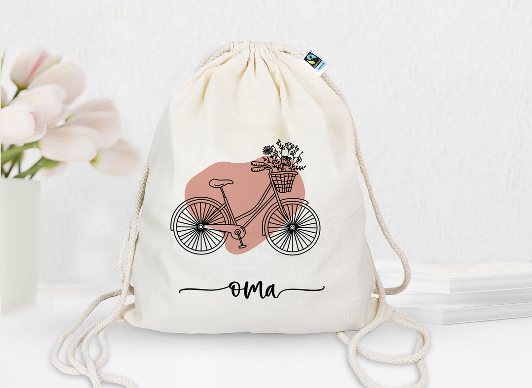 Personalisierter Turnbeutel aus Bio- Baumwolle | mit Wunschnamen | Fahrrad Bubble rosa | Rucksack für Sport und Einkauf