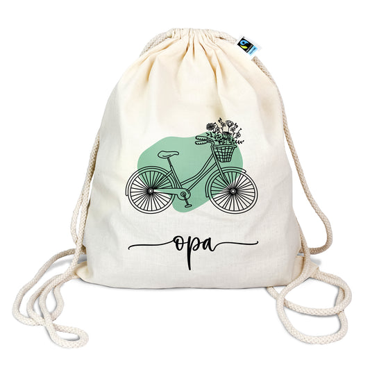 Personalisierter Turnbeutel aus Bio- Baumwolle | mit Wunschnamen | Fahrrad Bubble mint | Rucksack für Sport und Einkauf - verschenkich.de