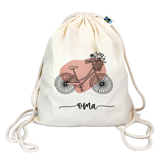Personalisierter Turnbeutel aus Bio- Baumwolle | mit Wunschnamen | Fahrrad Bubble rosa | Rucksack für Sport und Einkauf - verschenkich.de
