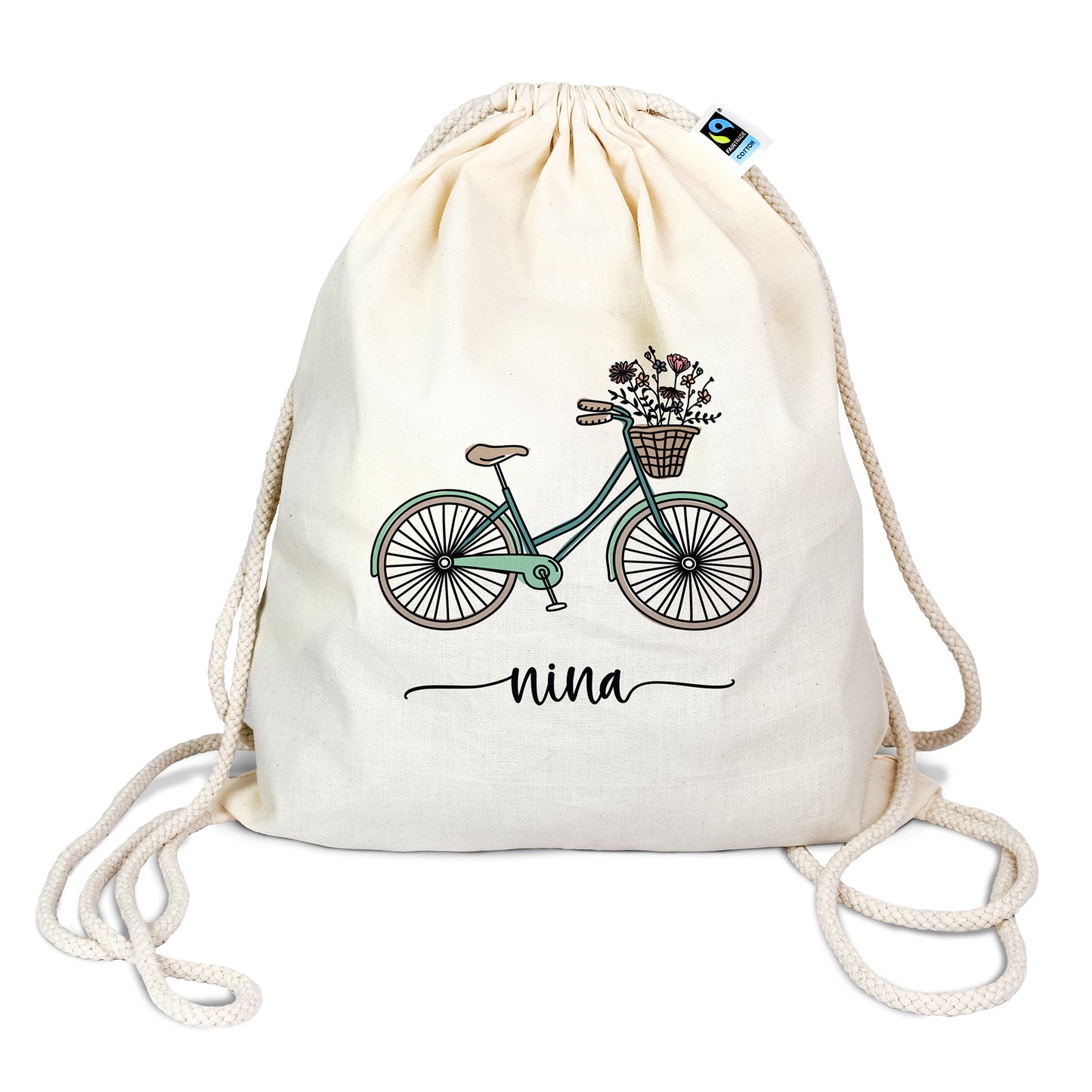Personalisierter Turnbeutel aus Bio- Baumwolle | mit Wunschnamen | Fahrrad mint | Rucksack für Sport und Einkauf - verschenkich.de