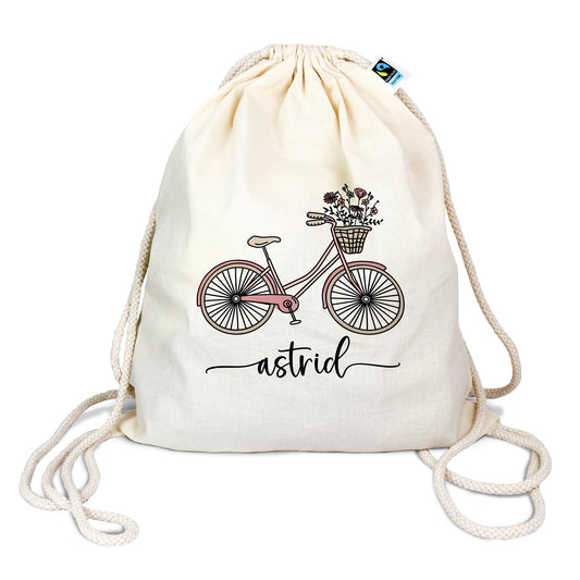 Personalisierter Turnbeutel aus Bio- Baumwolle | mit Wunschnamen | Fahrrad rosa | Rucksack für Sport und Einkauf - verschenkich.de