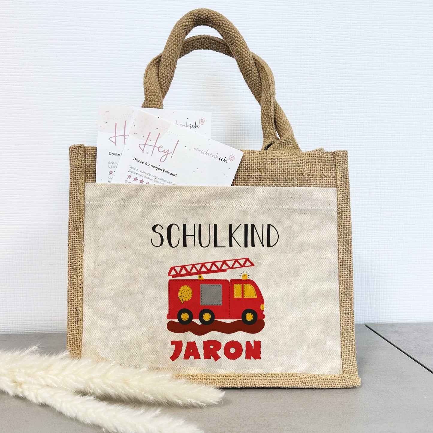 Einschulung | Personalisierte Jute Pocket Tasche | mit Wunschnamen | Schulkind Feuerwehr | als Geschenktasche für Schulanfang