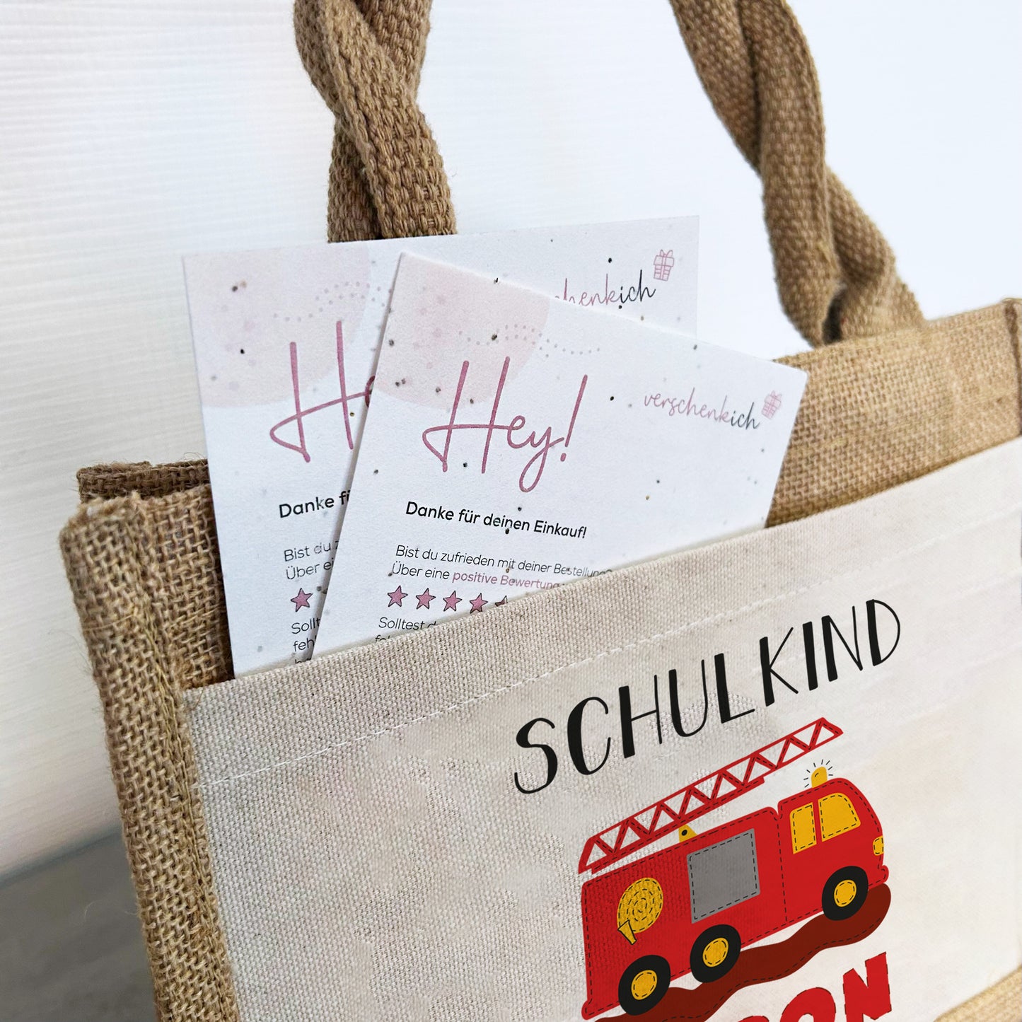 Einschulung | Personalisierte Jute Pocket Tasche | mit Wunschnamen | Schulkind Feuerwehr | als Geschenktasche für Schulanfang