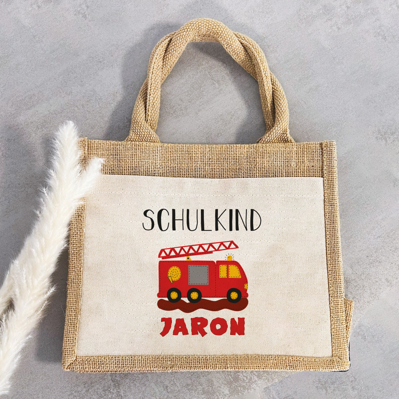 Einschulung | Personalisierte Jute Pocket Tasche | mit Wunschnamen | Schulkind Feuerwehr | als Geschenktasche für Schulanfang