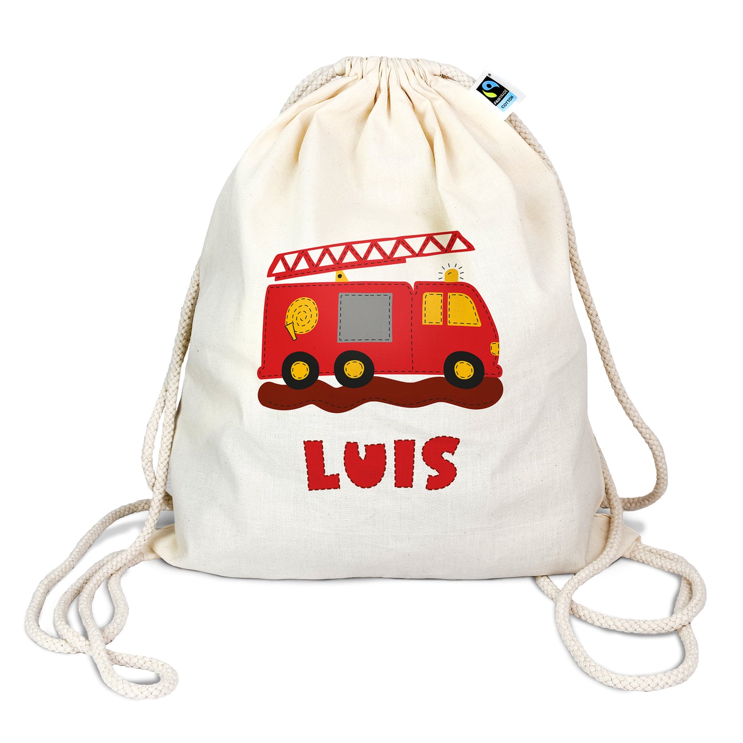 Personalisierter Turnbeutel aus Bio- Baumwolle | mit Wunschnamen | Feuerwehr Auto | Rucksack für Schule und Kindergarten - verschenkich.de