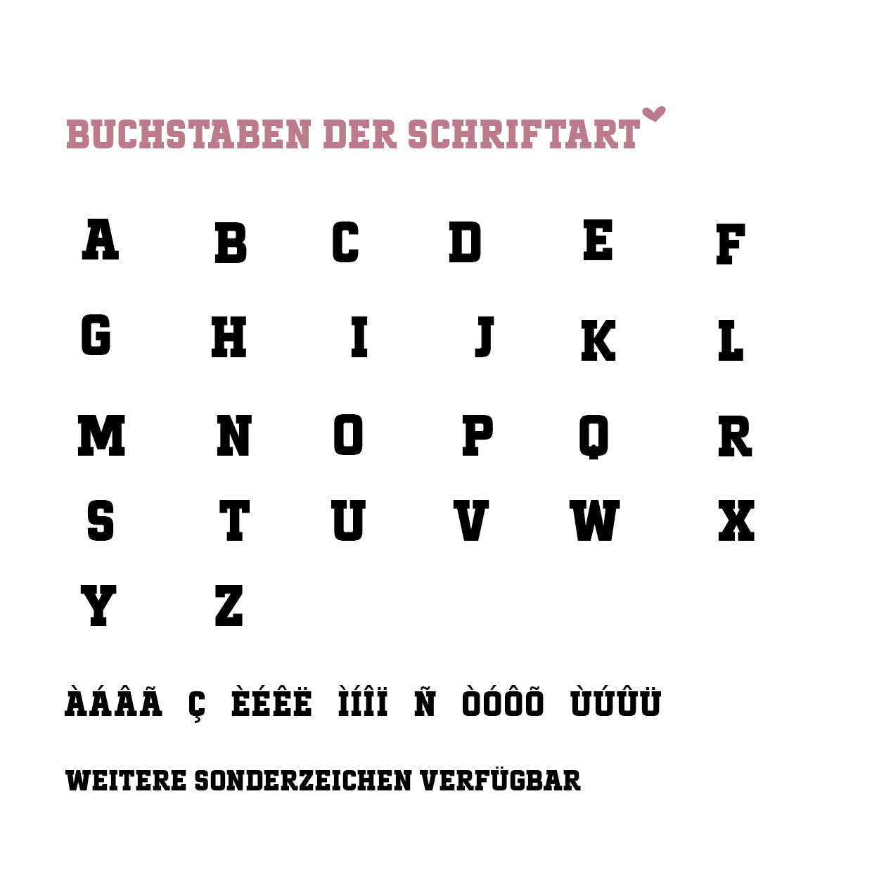 Darstellung der Schriftart für die Namenspersonalisierung mit allen Buchstaben, Umlauten und Sonderzeichen auf weißem Hintergrund