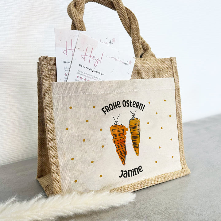 Ostern | Personalisierte Jute Pocket Tasche | mit Wunschnamen | Frohe Ostern | Möhren | Karotten | Geschenktasche oder für Ostereiersuche