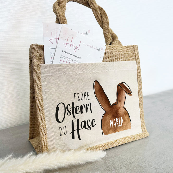 Ostern | Personalisierte Jute Pocket Tasche | mit Wunschnamen | Frohe Ostern du Hase 01 | als Geschenktasche oder für die Ostereiersuche