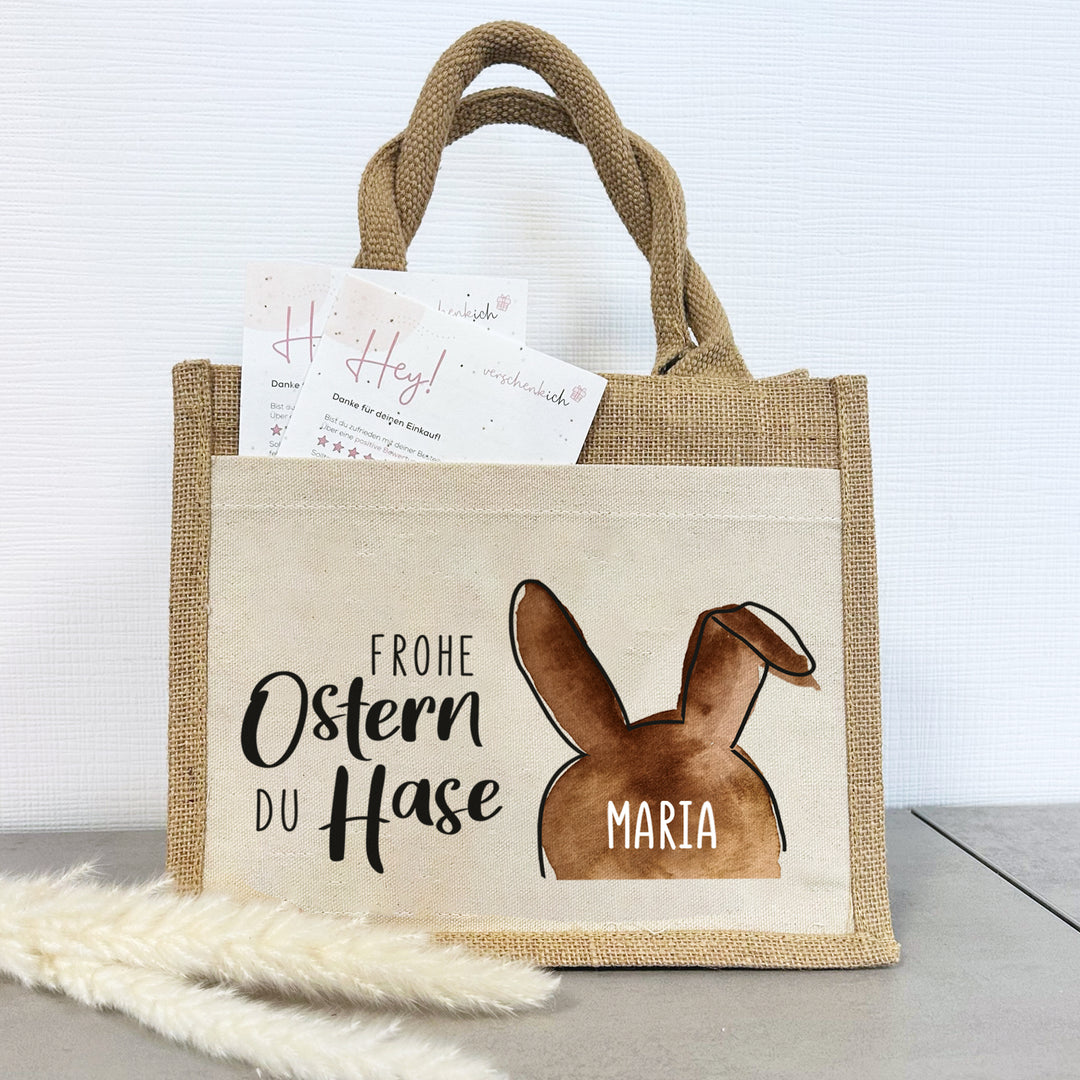 Ostern | Personalisierte Jute Pocket Tasche | mit Wunschnamen | Frohe Ostern du Hase 01 | als Geschenktasche oder für die Ostereiersuche