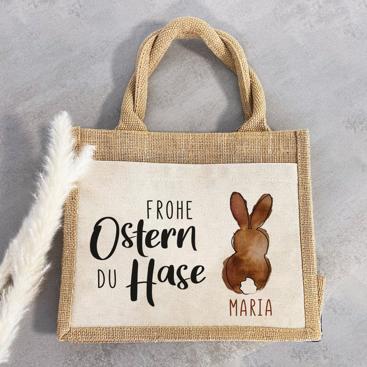 Ostern | Personalisierte Jute Pocket Tasche | mit Wunschnamen | Frohe Ostern du Hase 02 | als Geschenktasche oder für die Ostereiersuche