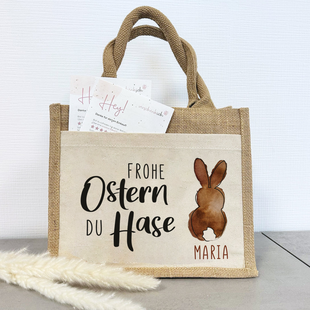 Ostern | Personalisierte Jute Pocket Tasche | mit Wunschnamen | Frohe Ostern du Hase 02 | als Geschenktasche oder für die Ostereiersuche