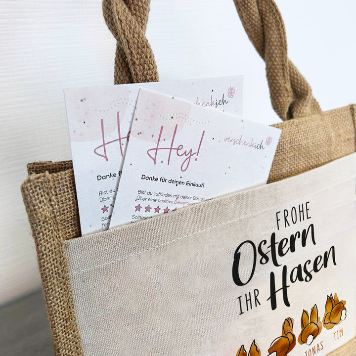 Ostern | Personalisierte Jute Pocket Tasche | mit Wunschnamen | Frohe Ostern ihr Hasen | als Geschenktasche oder für die Ostereiersuche