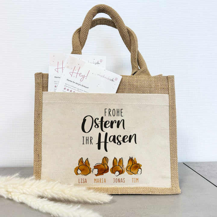 Ostern | Personalisierte Jute Pocket Tasche | mit Wunschnamen | Frohe Ostern ihr Hasen | als Geschenktasche oder für die Ostereiersuche