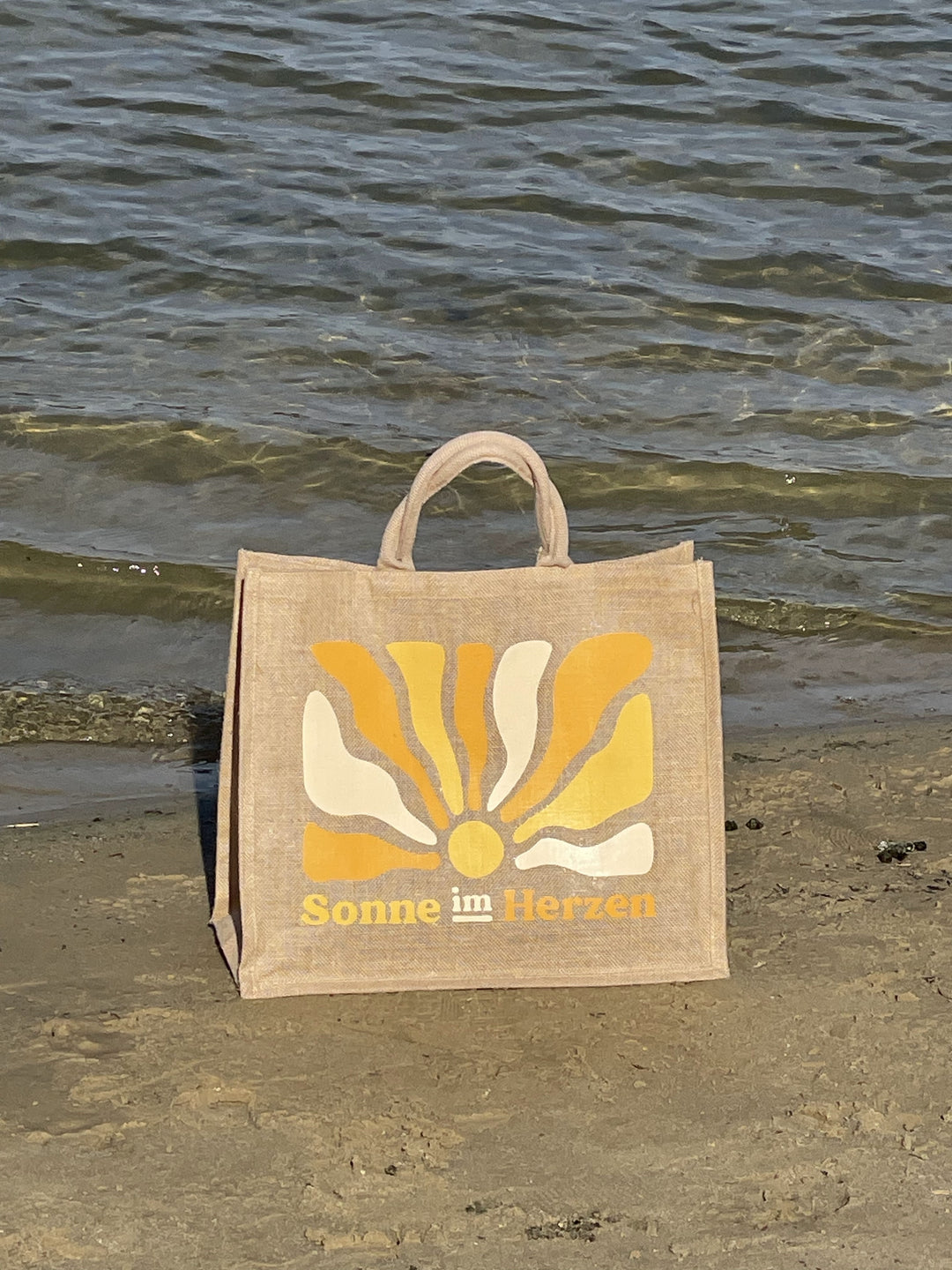 Limited Edition | großer Jute Shopper | Sonne im Herzen | Ideal als Badetasche | Strandtasche | 32 Liter